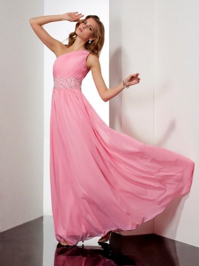 A-Line/Princess One-Shoulder Sleeveless Beading Long Chiffon Dresses [40203]