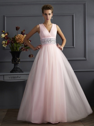 Ball Gown V-neck Sleeveless Beading Long Net Dresses [40625]