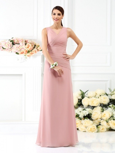 Sheath/Column V-neck Pleats Sleeveless Long Chiffon Bridesmaid Dresses