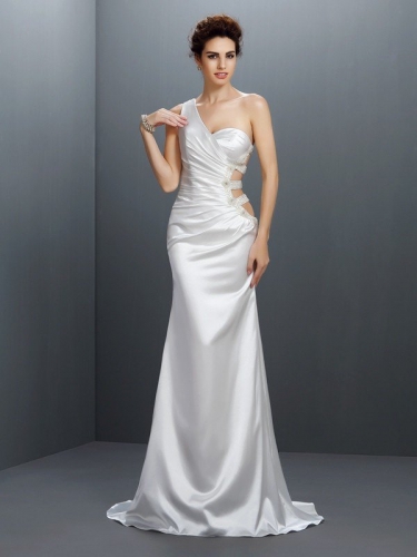 Trumpet/Mermaid One-Shoulder Beading Sleeveless Long Elastic Woven Satin Dresses