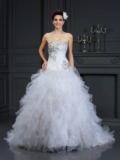 Ball Gown Strapless Beading Sleeveless Long Organza Wedding Dresses [50162]