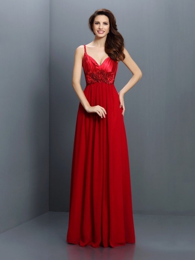 A-Line/Princess V-neck Hand-Made Flower Sleeveless Long Chiffon Bridesmaid Dresses [50459]