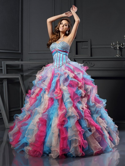 Ball Gown Sweetheart Beading Sleeveless Long Organza Quinceanera Dresses [50729]