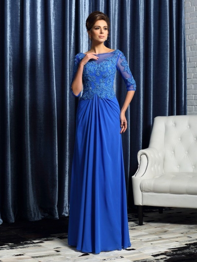 A-Line/Princess Bateau Beading 1/2 Sleeves Long Chiffon Mother of the Bride Dresses [50961]