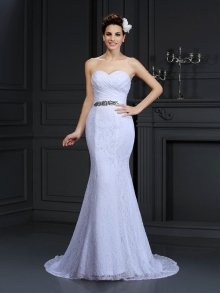 Trumpet/Mermaid Sweetheart Sleeveless Long Lace Wedding Dresses