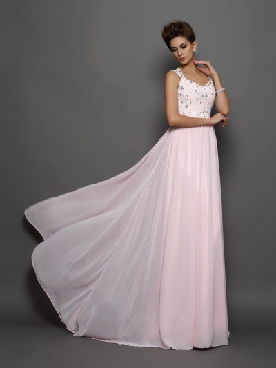 A-Line/Princess Straps Beading Sleeveless Applique Long Chiffon Dresses