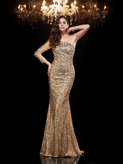 Trumpet/Mermaid One-Shoulder Beading 3/4 Sleeves Long Sequins Dresses [60055]