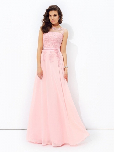 A-line/Princess Scoop Applique Sleeveless Long Chiffon Dresses