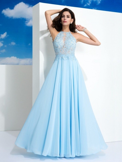 A-Line/Princess Spaghetti Straps Applique Sleeveless Long Chiffon Dresses [60191]