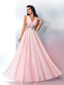 A-Line/Princess V-neck Beading Sleeveless Long Chiffon Dresses