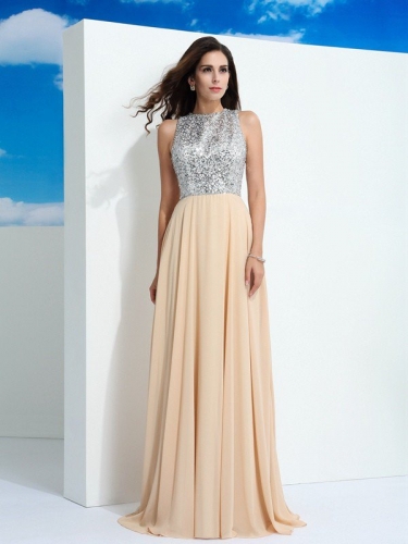 A-Line/Princess Scoop Paillette Sleeveless Long Chiffon Dresses