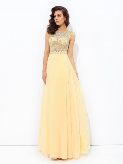 A-line/Princess Bateau Beading Sleeveless Long Chiffon Dresses [60222]