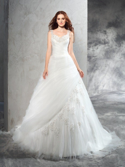 Ball Gown Straps Applique Sleeveless Long Net Wedding Dresses