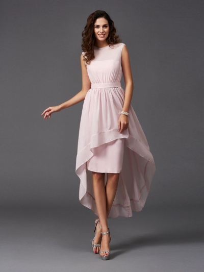 A-Line/Princess Scoop Sash/Ribbon/Belt Sleeveless High Low Chiffon Bridesmaid Dresses [60252]