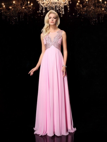 A-line/Princess Scoop Beading Sleeveless Long Chiffon Dresses