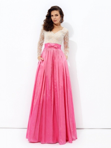 A-line/Princess V-neck Lace Long Sleeves Long Taffeta Dresses