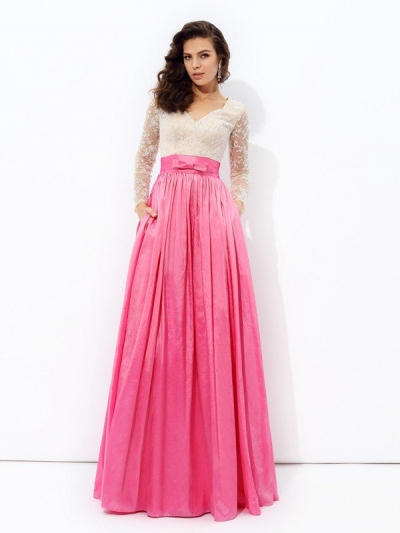A-line/Princess V-neck Lace Long Sleeves Long Taffeta Dresses [60706]