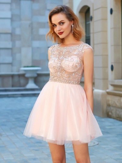 A-Line/Princess Scoop Net Short Sleeves Beading Short/Mini Dresses [63029]