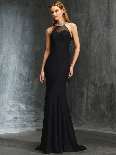 Sheath/Column Jewel Beading Sleeveless Spandex Sweep/Brush Train Dresses