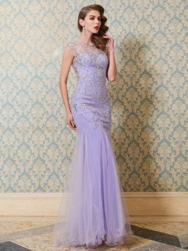 Trumpet/Mermaid Scoop Sleeveless Beading Floor-length Tulle Dresses