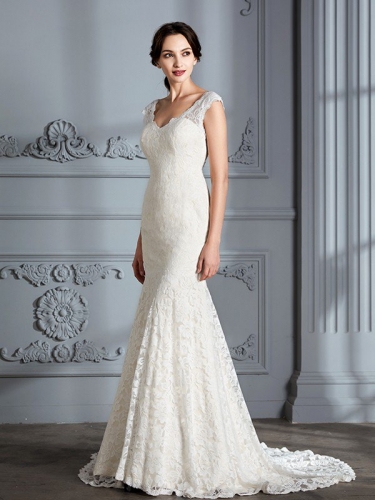 Trumpet/Mermaid Sleeveless V-Neck Lace Sweep/Brush Train Wedding Dresses