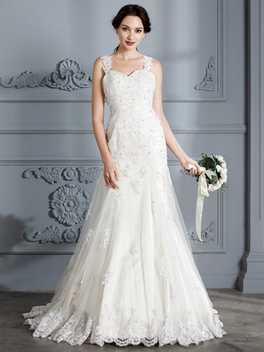 Trumpet/Mermaid Sweetheart Sleeveless Lace Court Train Wedding Dresses