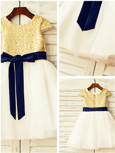 A-line/Princess Scoop Short Sleeves Sequin Tea-Length Tulle Flower Girl Dresses [EL1605592]