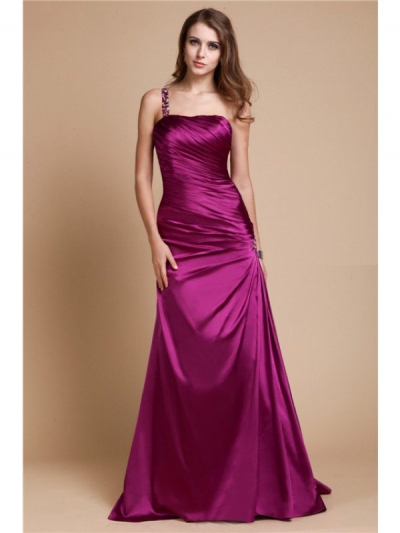 A-Line/Princess One Shoulder Sleeveless Beading Long Elastic Woven Satin Dresses