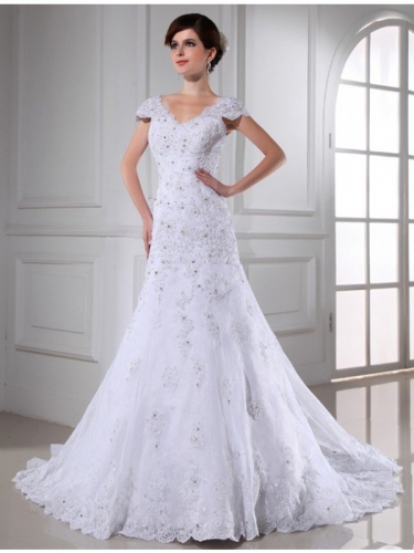 A-Line/Princess V-neck Beading Sleeveless Long Organza Wedding Dresses