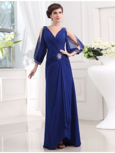 Sheath/Column Beading 3/4 Sleeves V-neck Long Chiffon Dresses