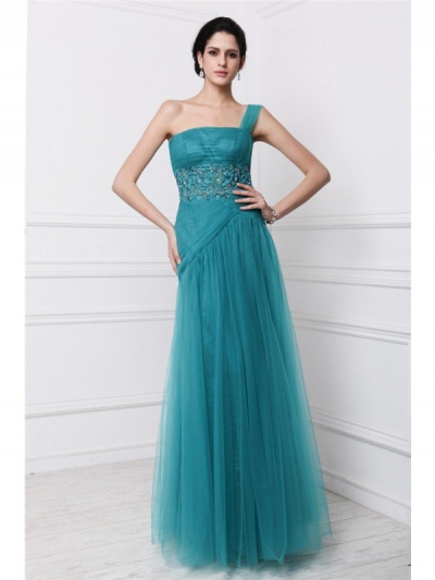 Sheath/Column One-Shoulder Sleeveless Beading Applique Long Net Dresses [N13ZYDRESS146]