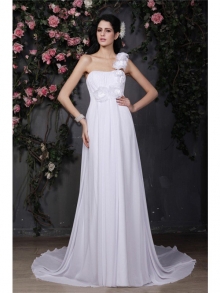 A-Line/Princess One-Shoulder Sleeveless Hand-Made Flower Ruffles Long Chiffon Wedding Dresses