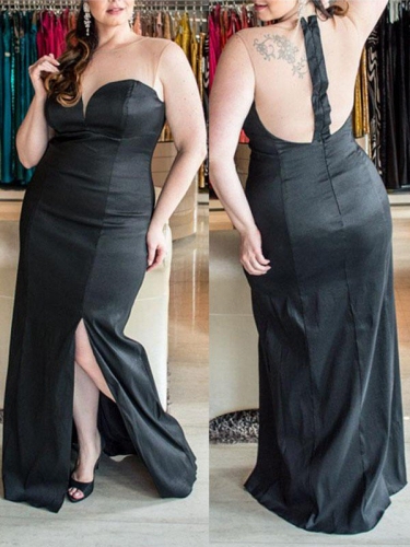 Sheath/Column Sweetheart Sleeveless Ruched Floor-Length Elastic Woven Satin Plus Size Dresses