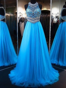 A-Line/Princess Jewel Sleeveless Sweep/Brush Train Beading Tulle Dresses