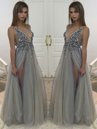 A-Line/Princess V-Neck Sleeveless Floor-Length Beading Tulle Dresses