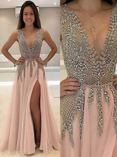 A-Line/Princess V-Neck Sleeveless Floor-Length Beading Tulle Dresses
