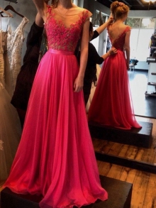 A-Line/Princess Sleeveless Scoop Floor-Length Applique Chiffon Dresses