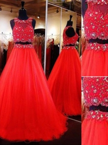 A-Line/Princess Scoop Sleeveless Floor-Length Beading Tulle Two Piece Dresses