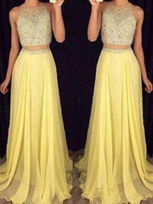 A-Line/Princess Scoop Sleeveless Floor-Length Beading Chiffon Two Piece Dresses