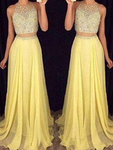 A-Line/Princess Scoop Sleeveless Floor-Length Beading Chiffon Two Piece Dresses