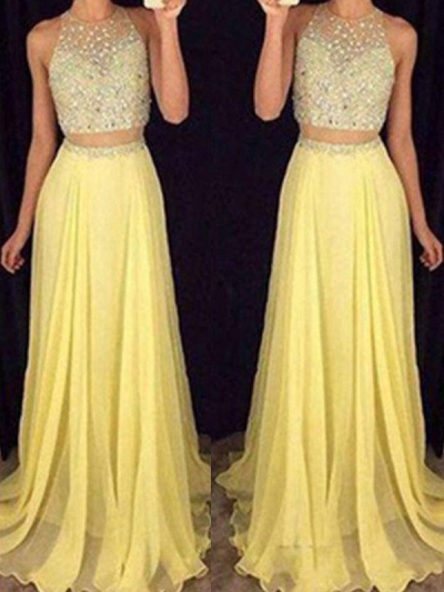 A-Line/Princess Scoop Sleeveless Floor-Length Beading Chiffon Two Piece Dresses [PO16033PO410]