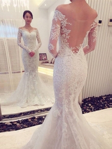 Trumpet/Mermaid Off-the-Shoulder Long Sleeves Lace Sweep/Brush Train Wedding Dresses