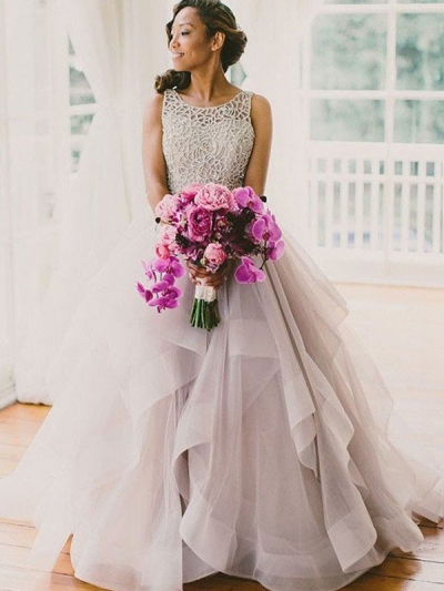 Ball Gown Sleeveless Scoop Beading Sweep/Brush Train Organza Wedding Dresses [PO16033PO524]