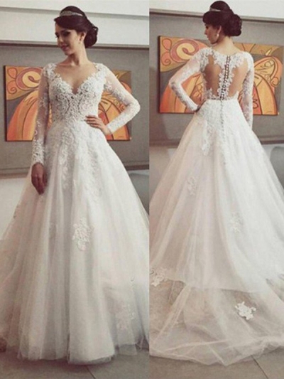 Ball Gown V-neck Long Sleeves Lace Court Train Tulle Wedding Dresses [PO16033PO526]