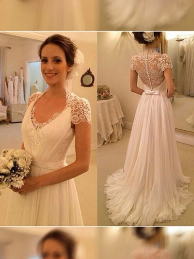 A-Line/Princess V-neck Sweep/Brush Train Sleeveless Lace Chiffon Wedding Dresses [PO16033PO527]