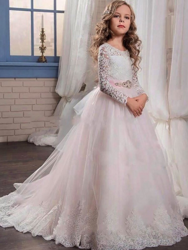 Ball Gown Jewel Long Sleeves Lace Floor-Length Tulle Flower Girl Dresses