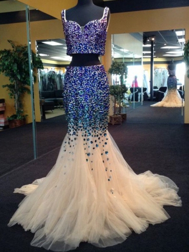 Trumpet/Mermaid Sweetheart Sleeveless Tulle Beading Sweep/Brush Train Two Piece Dresses