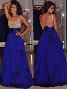 A-Line/Princess V-neck Sleeveless Sweep/Brush Train Beading Satin Dresses