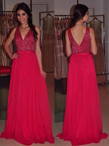 A-Line/Princess V-neck Sleeveless Sweep/Brush Train Beading Chiffon Dresses