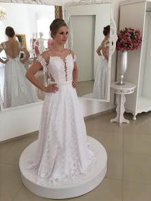 A-Line/Princess Scoop Lace Sweep/Brush Train Short Sleeves Wedding Dresses